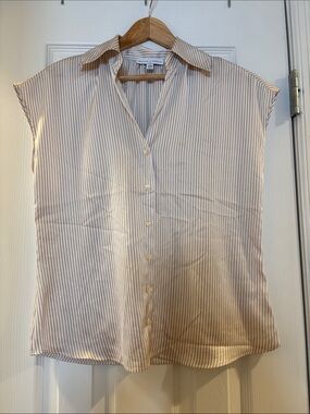 Cream Button-Down Cap-Sleeve Stripe Top